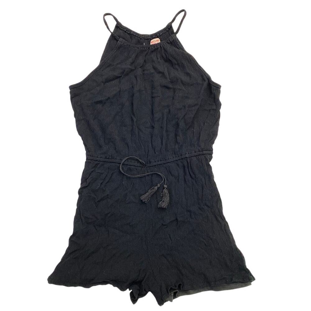 Sleeveless Tank Romper Shorts Sz Medium Halter High Neck Black Tie Tassel Front